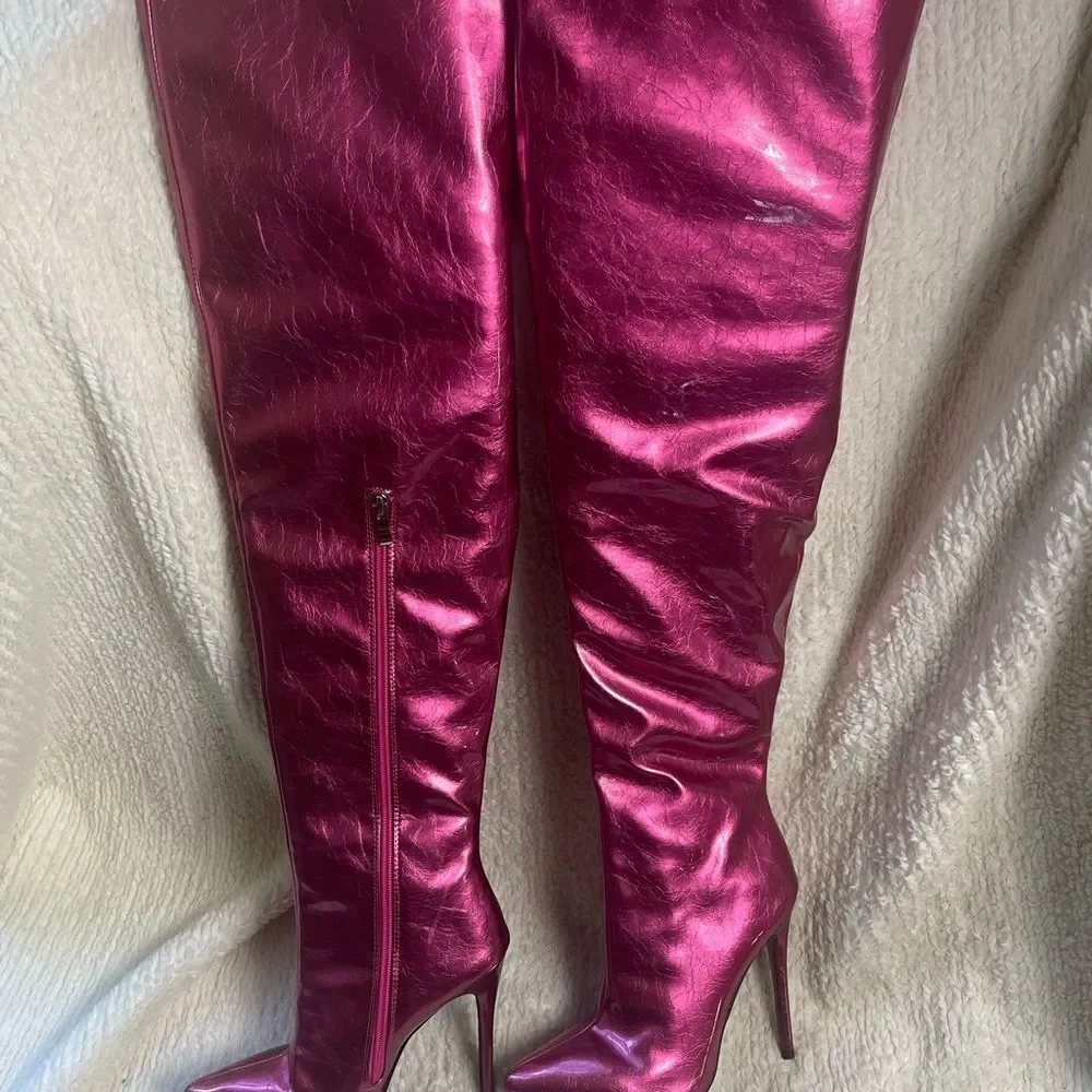 Azalea Wang synthetic Patent metallic Pink/Fuchsia thigh high heel boots SZ 7